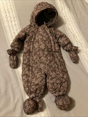 Cozy Floral Quilted Brown Baby One-Piece Snowsuit with Hood